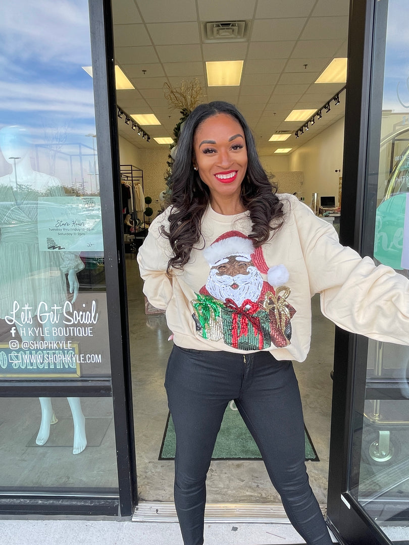 Cocoa Santa Sequin Luxe Women's Black Santa Sweatshirt