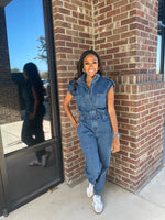 Load image into Gallery viewer, High Neck Sleeveless Denim Jumpsuit