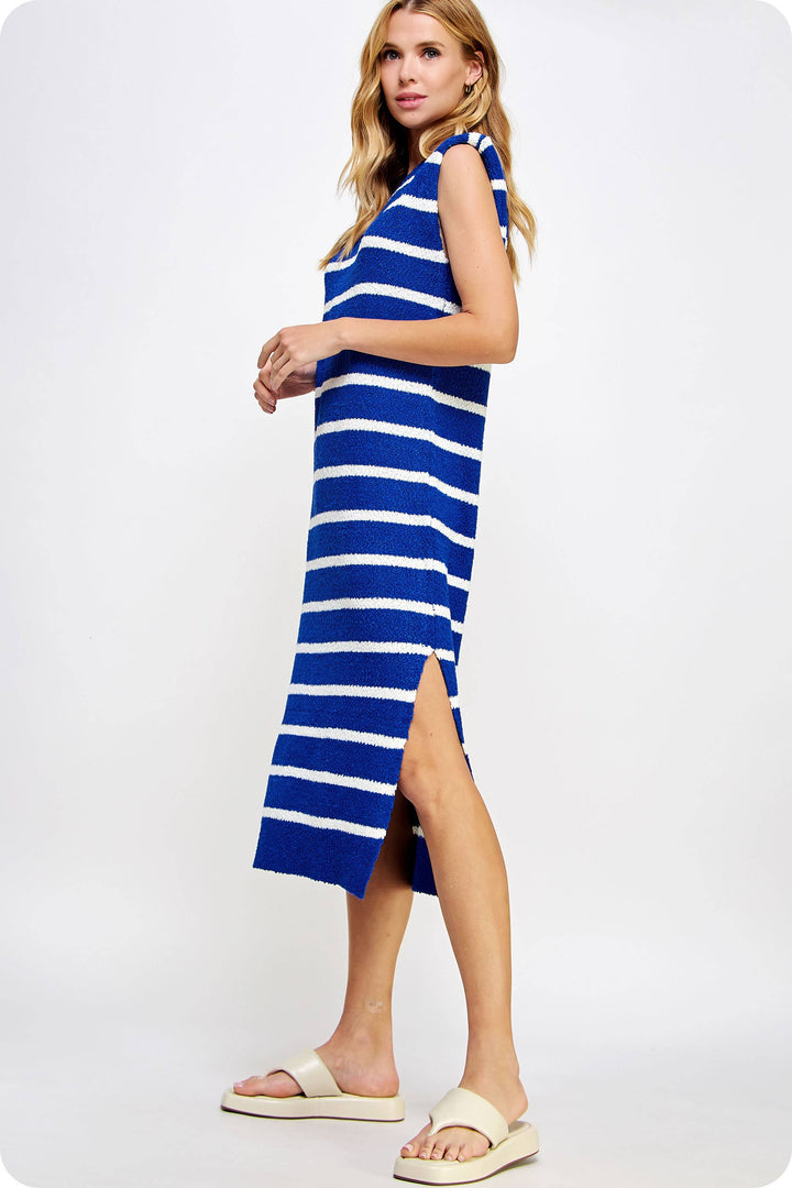 shoulder pad knit dress Shoulder Pad Sleeveless Textured Striped Knit Dress: Burgundy/ White / M