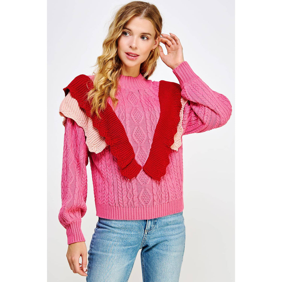 Ruffled Accent Cable Knit Sweater