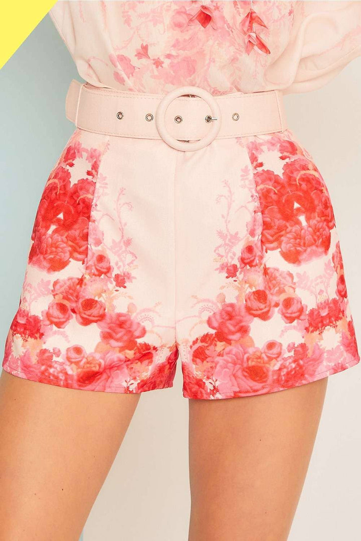 Floral Print Side Zipper Belted Shorts